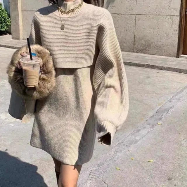 Two-piece Dress Sets Winter outfit Women Knitted Dress Fleece Set