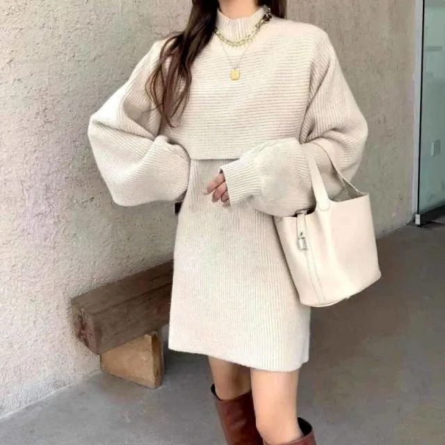 Two-piece Dress Sets Winter outfit Women Knitted Dress Fleece Set