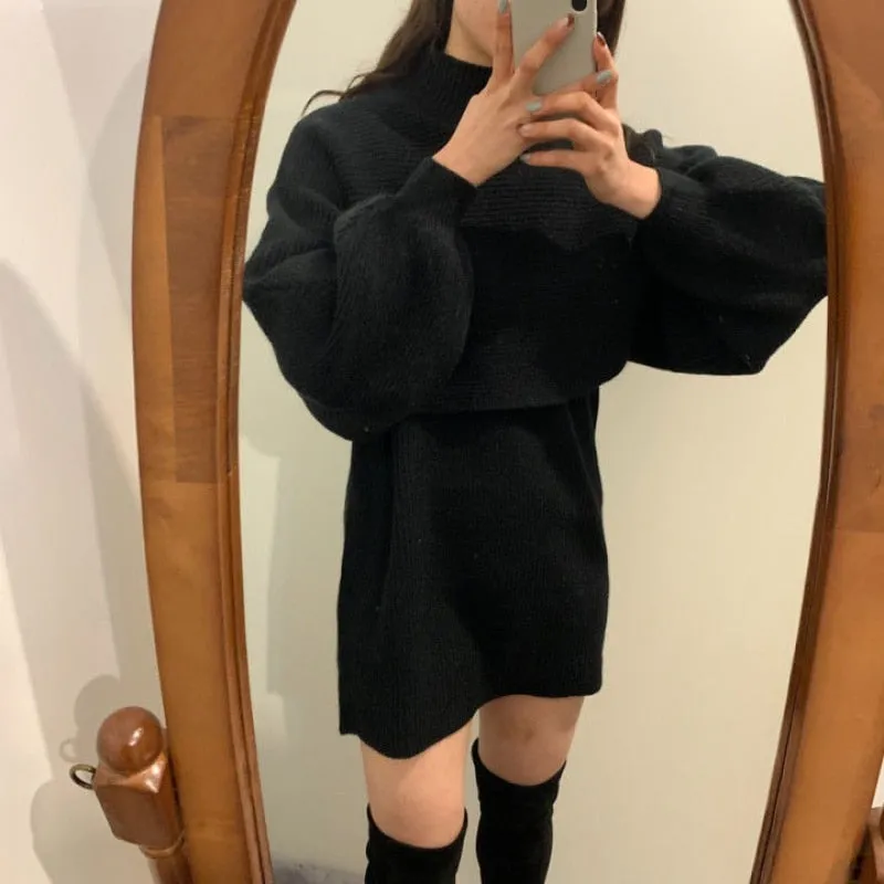 Two-piece Dress Sets Winter outfit Women Knitted Dress Fleece Set