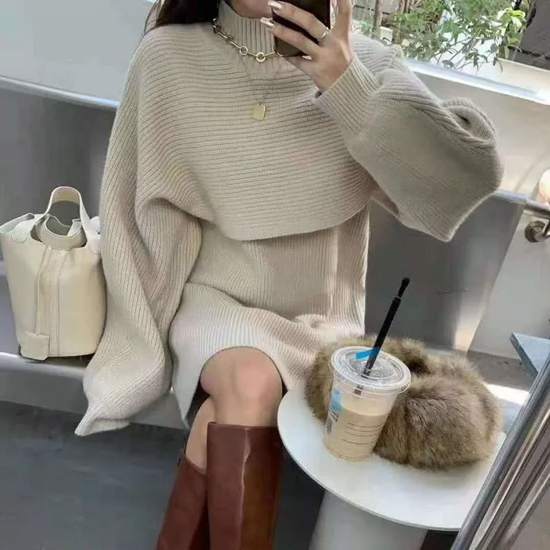 Two-piece Dress Sets Winter outfit Women Knitted Dress Fleece Set