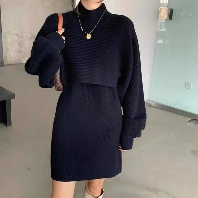 Two-piece Dress Sets Winter outfit Women Knitted Dress Fleece Set