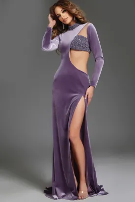 Velvet Fitted Long Sleeve Slit Gown by Jovani 40124