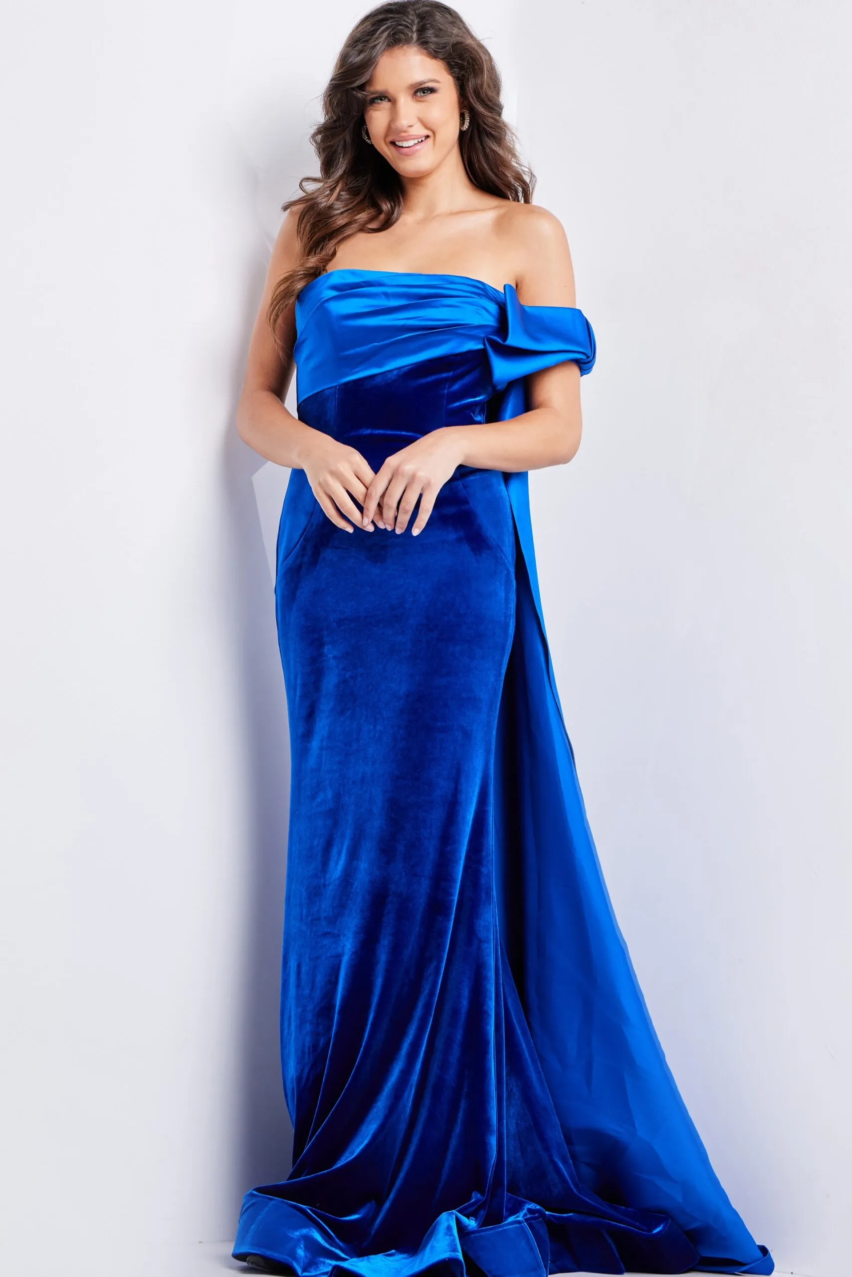 Velvet Fitted Off Shoulder Gown by Jovani 37390