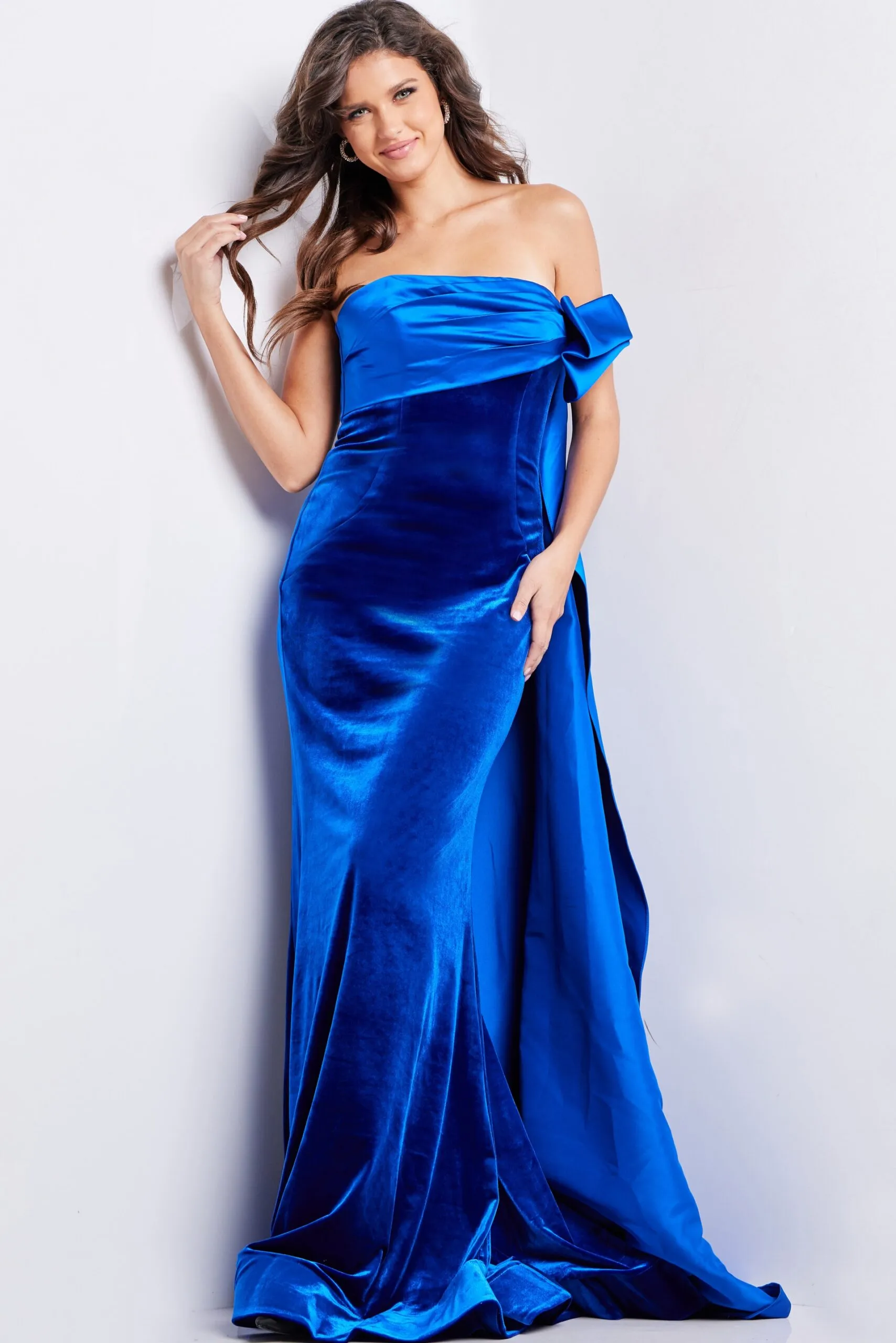 Velvet Fitted Off Shoulder Gown by Jovani 37390