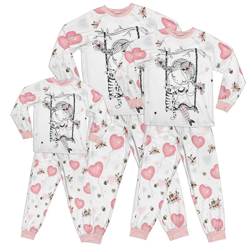 Whimsical Girl and Cat on Swing Kid Pajamas Set Matching