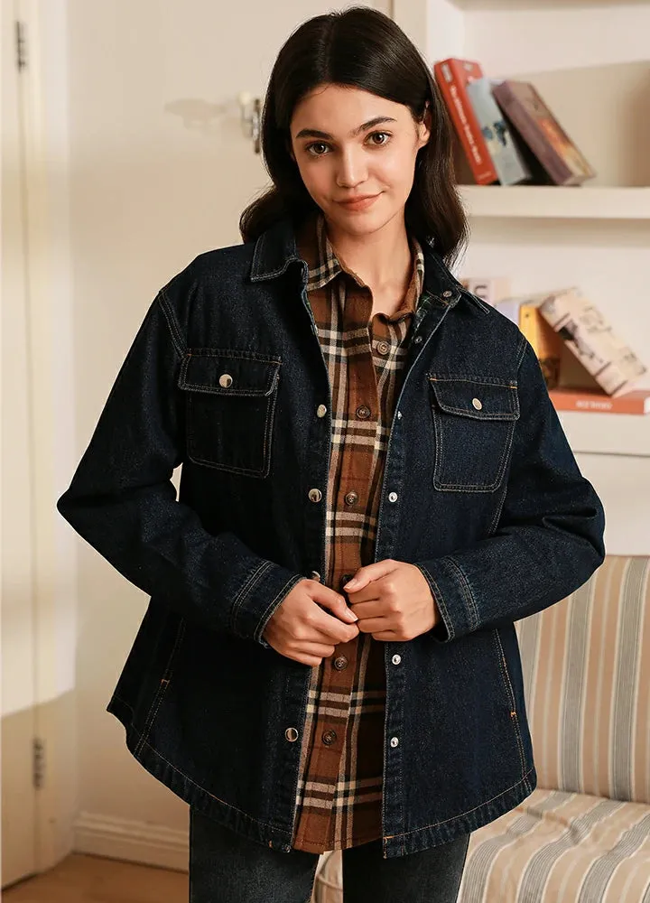 Women's Flannel-Lined Denim Shirt Jacket,Snap Jean Shacket