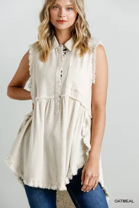 Women's Linen Blend Sleeveless  Button Front Tunic With Frayed Round Hems