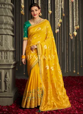 Yellow And Green Embroidered Banarasi Silk Saree