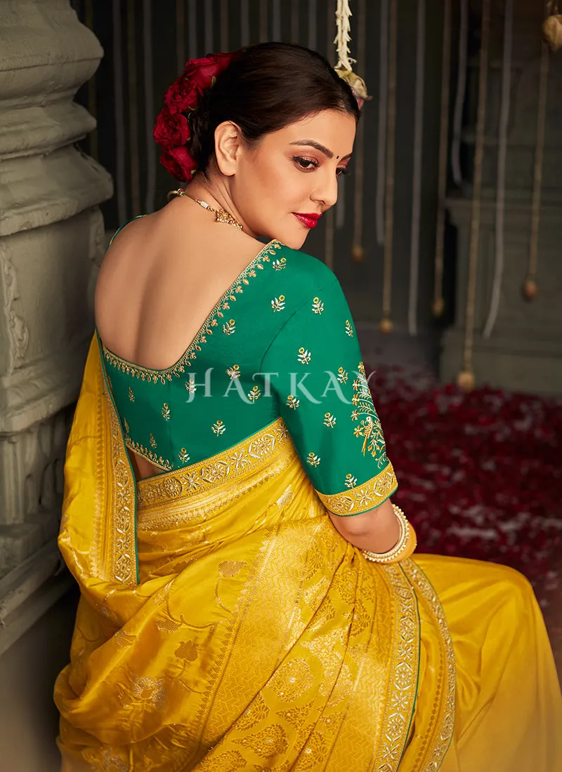 Yellow And Green Embroidered Banarasi Silk Saree