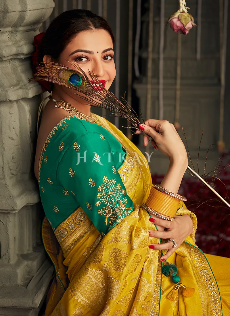 Yellow And Green Embroidered Banarasi Silk Saree