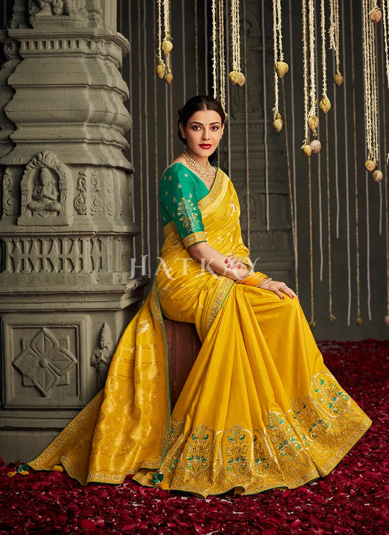 Yellow And Green Embroidered Banarasi Silk Saree