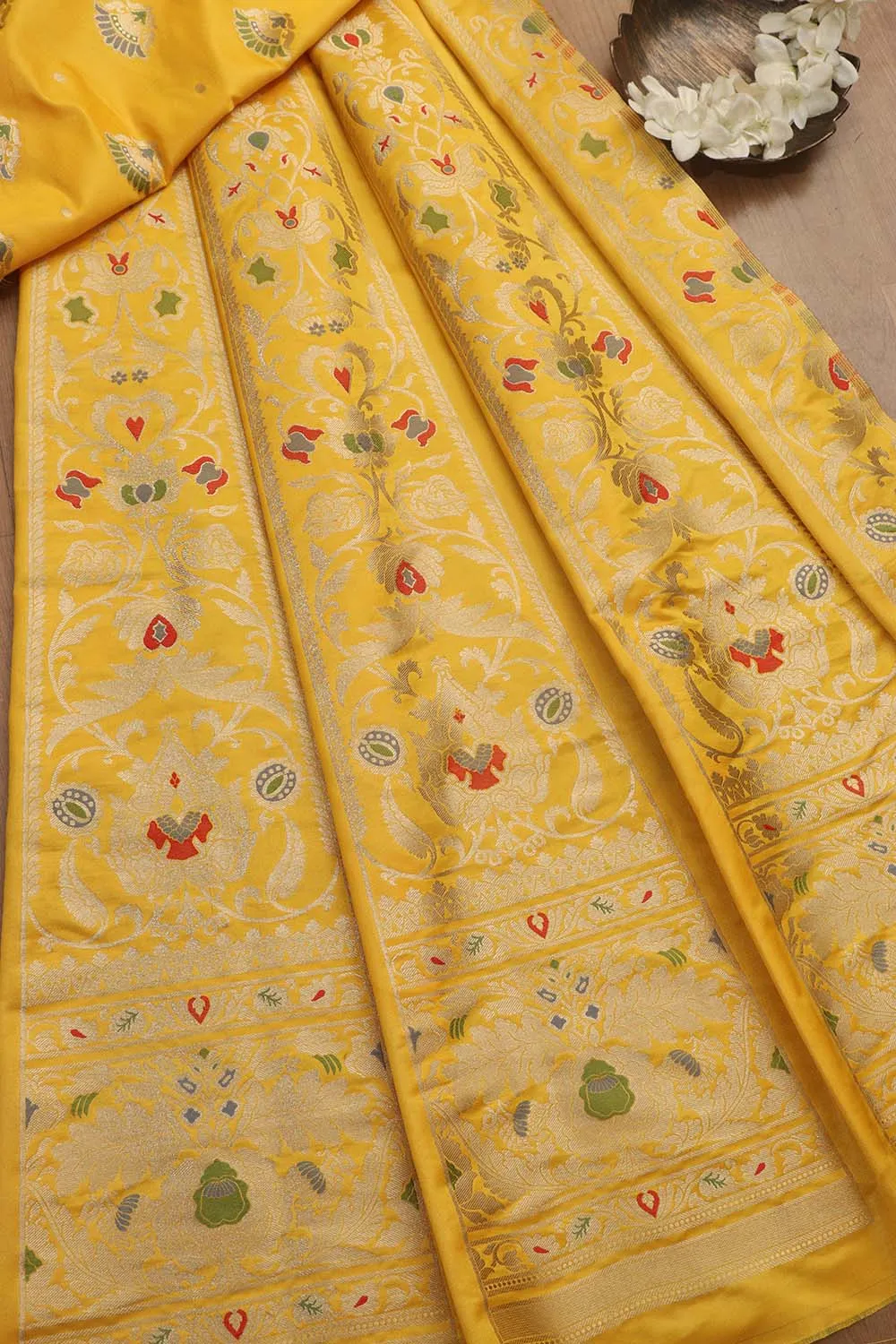 Yellow Banarasi Silk Unstitched Meenakari Lehenga Set