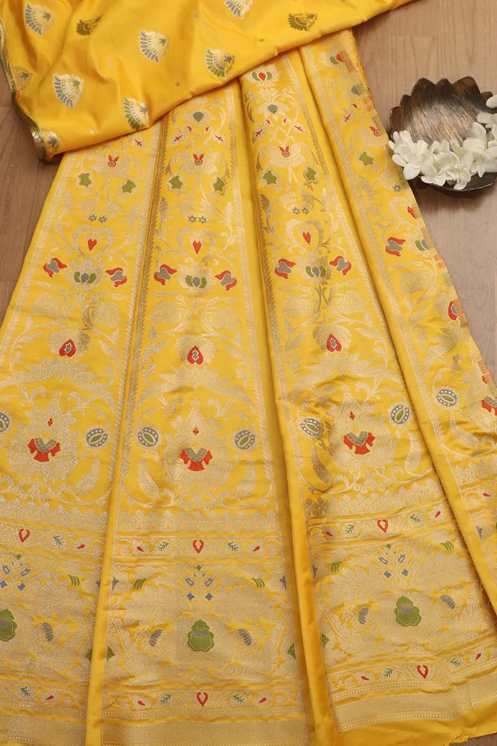 Yellow Banarasi Silk Unstitched Meenakari Lehenga Set