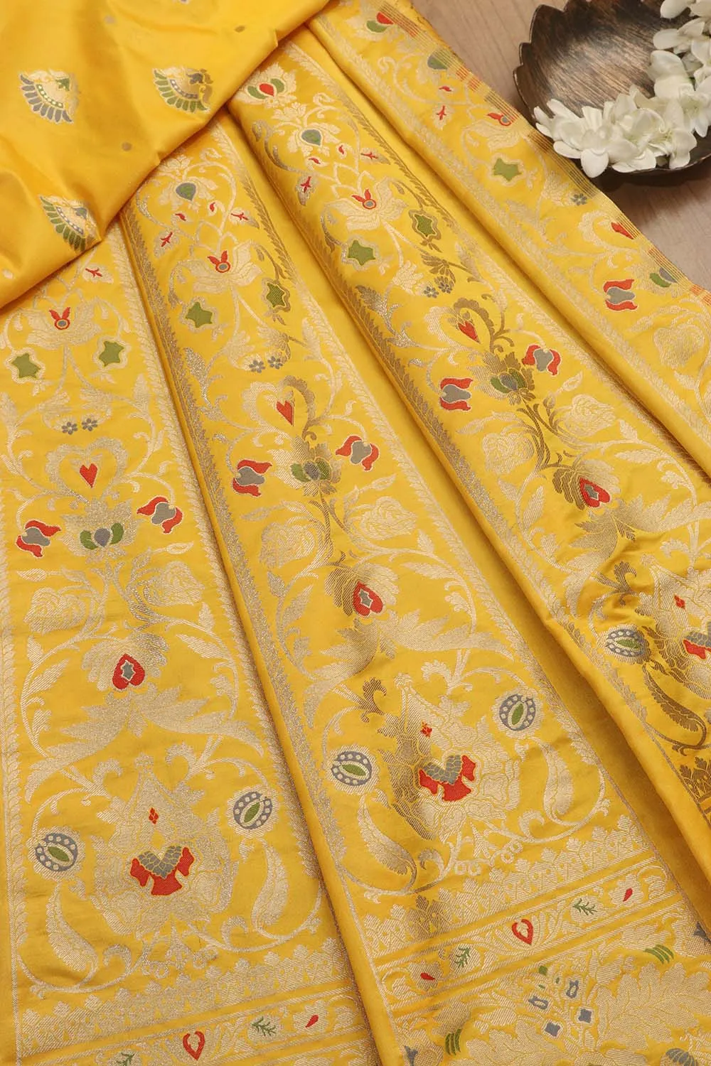 Yellow Banarasi Silk Unstitched Meenakari Lehenga Set