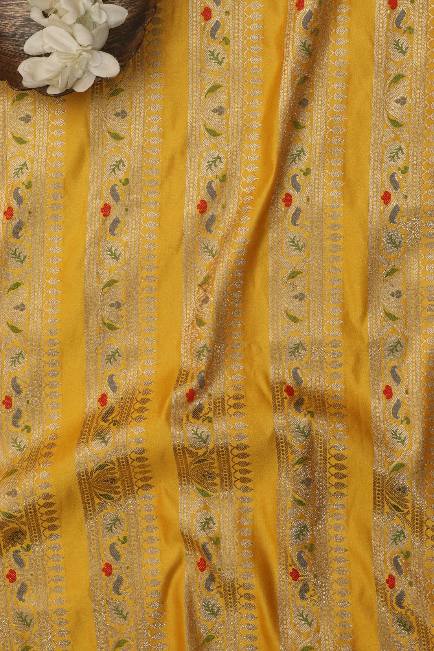 Yellow Banarasi Silk Unstitched Meenakari Lehenga Set