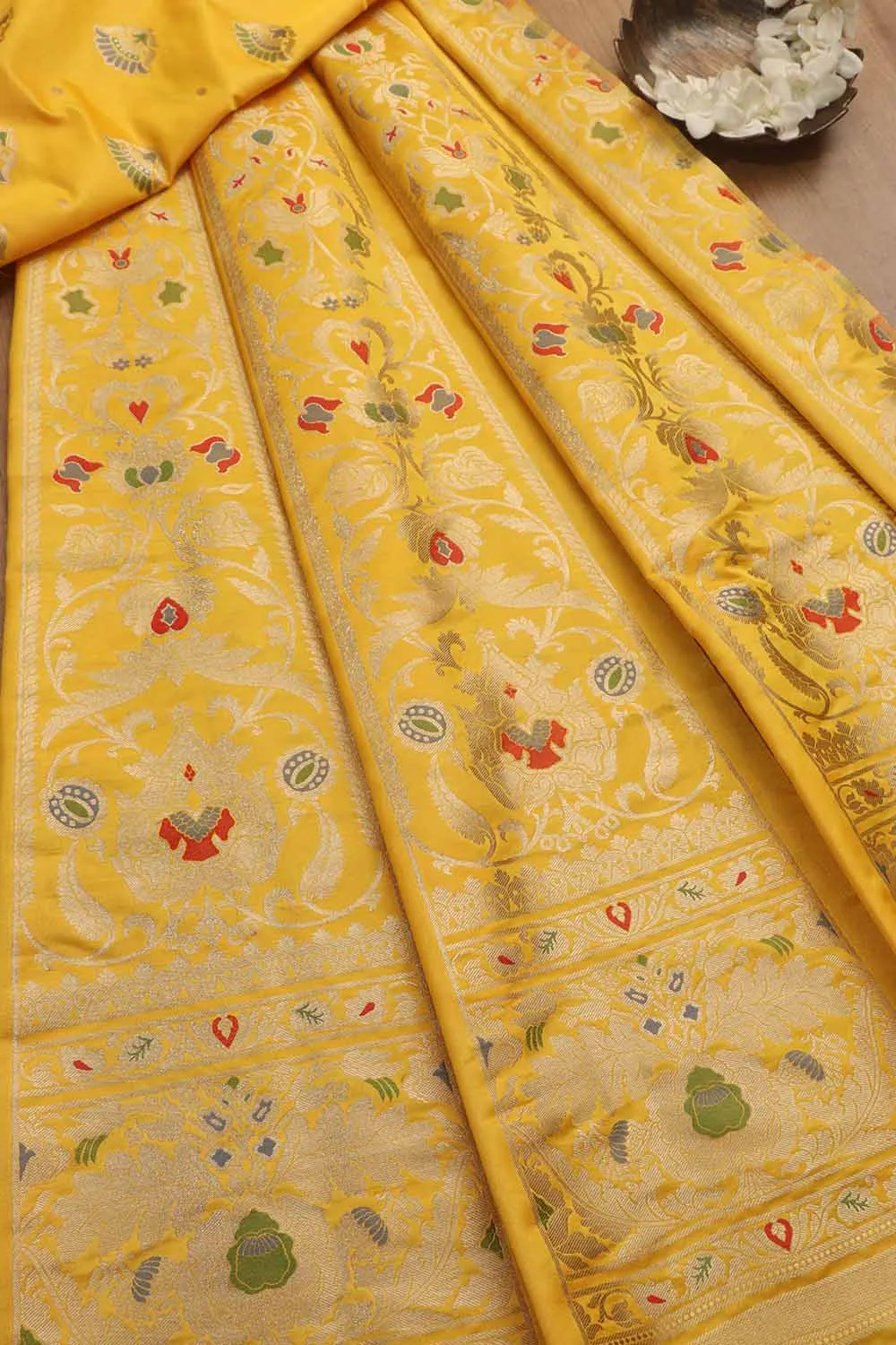 Yellow Banarasi Silk Unstitched Meenakari Lehenga Set